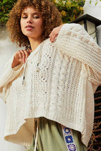 Oversize fit v-neck hooded cable knit chenille POL sweater: Cream