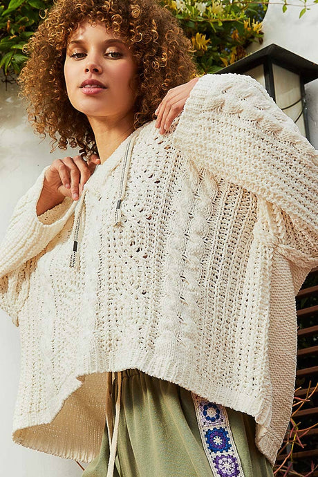 Oversize fit v-neck hooded cable knit chenille POL sweater: Cream