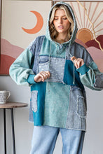 Washed Denim Patchwork Hoodie: Teal Blue