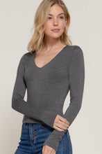 Long Sleeve V-Neck Two Ply Rayon Spandex Jersey Top: Charcoal Grey