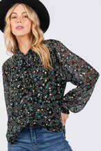 Tie Neck Long Sleeve Floral Sage + Fig Blouse: Black