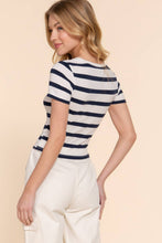 Off White Navy Short Sleeve Crew Neck Y/D Stripe Knit Crop Top