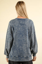 Mineral Washed French Terry Oversized Knit Top: Denim