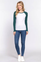 Long Raglan Sleeve Color Block Thermal Knit Top: White Gloomy Green