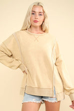 Mineral Washed French Terry Oversized Knit Top: Beige