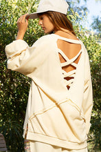 Back Cross Strap Details Balloon Sleeve Sweatshirt Top: Cream Milk