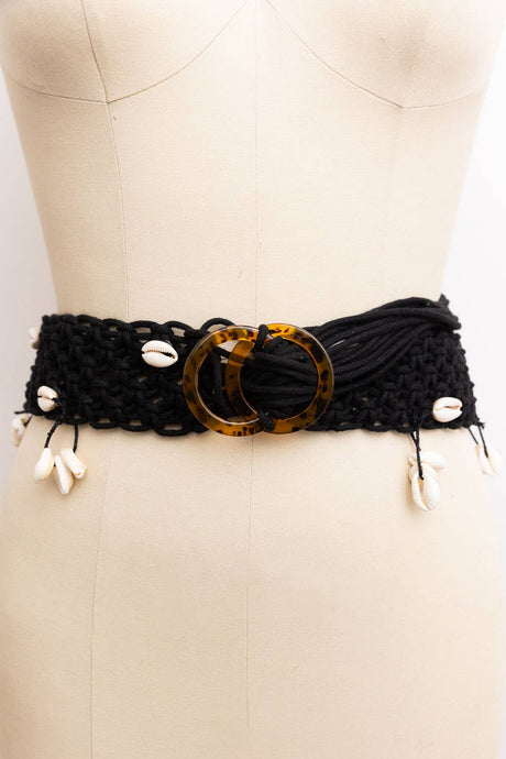 Rope Braided Sea Shell Embroidered Tie Up Belt: Black