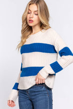 Cream Teal Blue Long Sleeve Round Neck Stripe Sweater