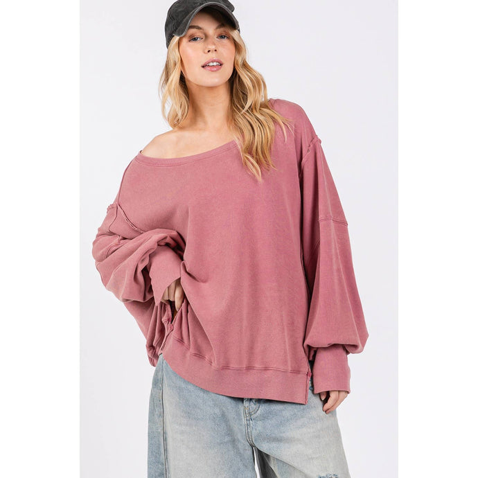 Mineral Wash Wide Neck Sage + Fig Sweatshirt: Mulberry