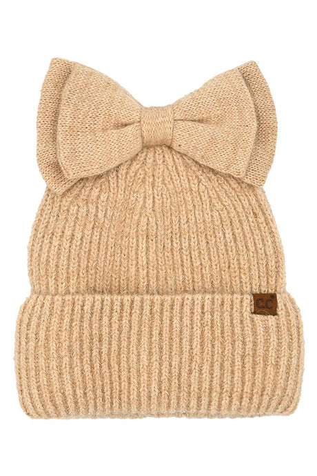 C.C Messy Bun Bow Beanie with Sequins Winter Hat: Camel