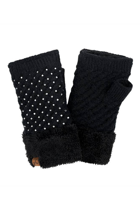 C.C Rhinestone Fingerless Glove: Black