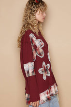 Round neck long sleeve plaid floral print top: Burgundy