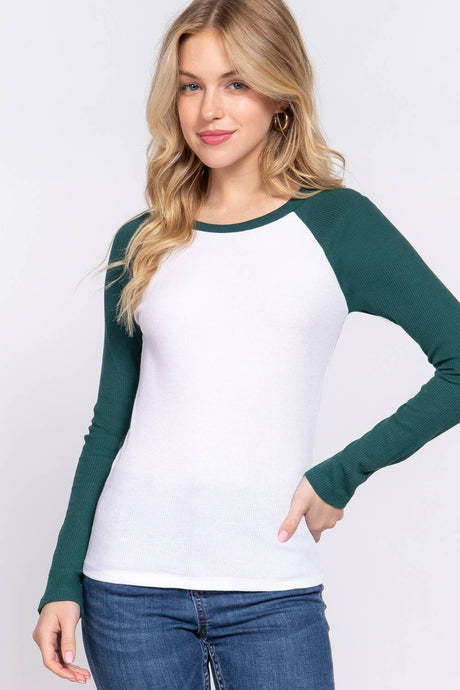 Long Raglan Sleeve Color Block Thermal Knit Top: White Gloomy Green