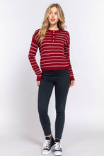 Dark Red Ivory Long Sleeve with Buttoned Placket Stripe Sweater