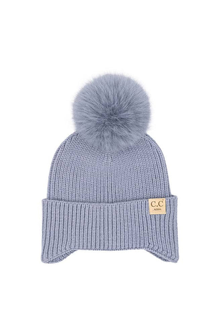 C.C Kids Ear Flap Pom Beanie: Ice Blue