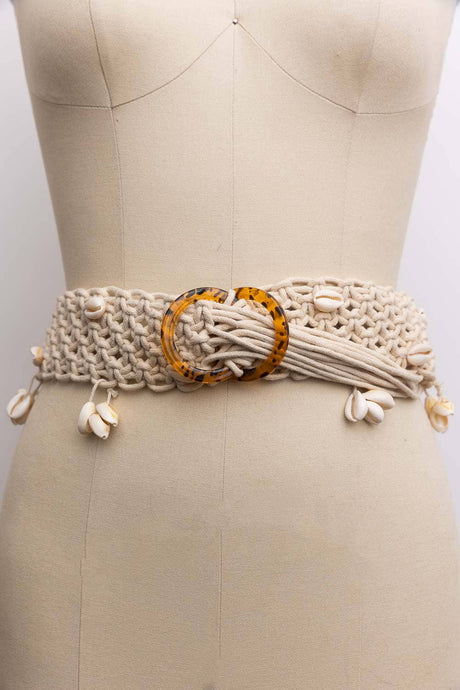 Rope Braided Sea Shell Embroidered Tie Up Belt: Natural