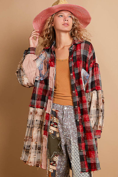 Oversized peach patch button down plaid shirt Red Multi