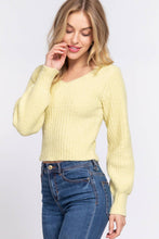 Long Puff Sleeve V-neck Rib Sweater Top: Lemon