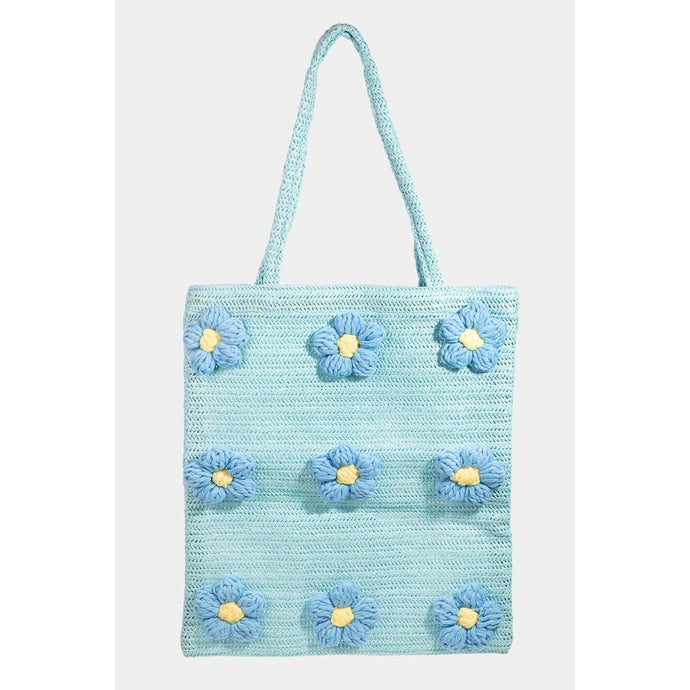 Knitted Flower Tote Bag: Blue