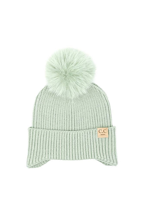 C.C Kids Ear Flap Pom Beanie: Sage