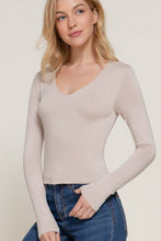 Long Sleeve V-Neck Two Ply Rayon Spandex Jersey Top: Taupe