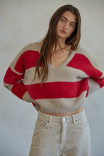 Knit Sweater Nylon Polyester Striped V-Neck Pullover: Red Taupe