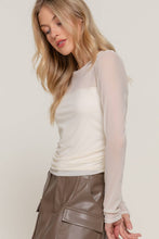 Ivory Long Sleeve Crew Neck Side Ruched Detail Mesh Top