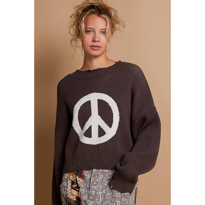 POL Charcoal White Round neck long sleeve peace sign solid sweater