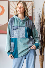 Washed Denim Patchwork Hoodie: Teal Blue