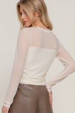 Ivory Long Sleeve Crew Neck Side Ruched Detail Mesh Top