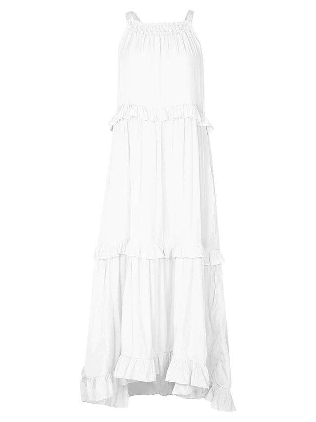 Ladies Bohemian Round Neck Plicated Daily Maxi Dress White