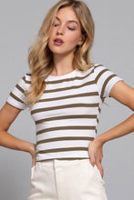 Short Sleeve Crew Neck Y/D Stripe Knit Crop Top: Off White Natural Tan