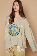 V neck long sleeve peace embroidery back ruffle POL top: Wheat Grass