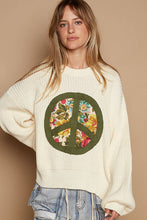 Round neck balloon sleeve floral peace patch sweater: Cream