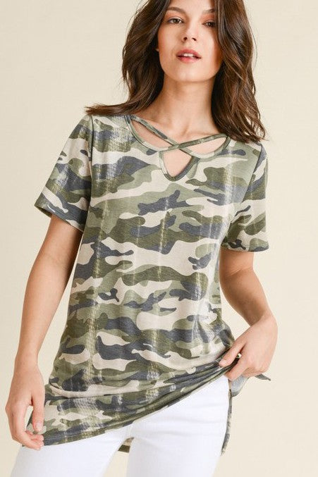 Army Green Camo Crisscross Short Sleeve Top 12/28/24 9409