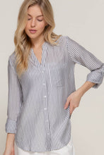 Black Long Sleeve Split Round Neck Button Down Stripe Woven Shirt