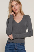 Long Sleeve V-Neck Two Ply Rayon Spandex Jersey Top: Charcoal Grey