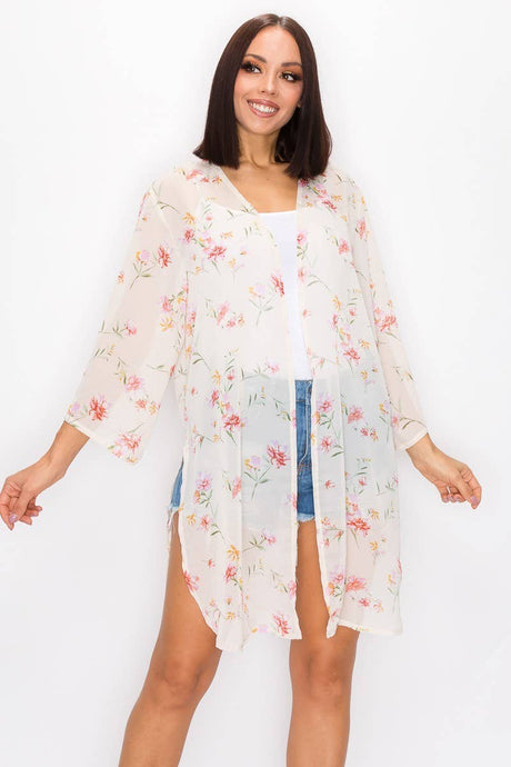 Ivory Combo Floral Side Slit Cardigan