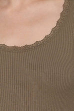 Long Sleeve Scoop Neck with Lace Trim Rib Knit Top: Army Olive