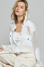 Open knit button down pocket front hooded shirt POL Top: White Multi