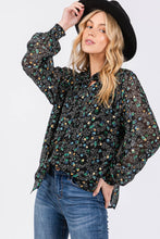 Tie Neck Long Sleeve Floral Sage + Fig Blouse: Black