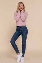 Long Puff Sleeve V-neck Rib Sweater Top: soft pink