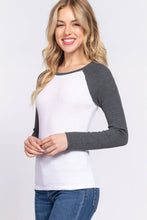 Long Raglan Sleeve Color Block Thermal Knit Top: White Charcoal Grey