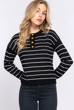 Black Ivory Long Sleeve with Buttoned Placket Stripe Sweater