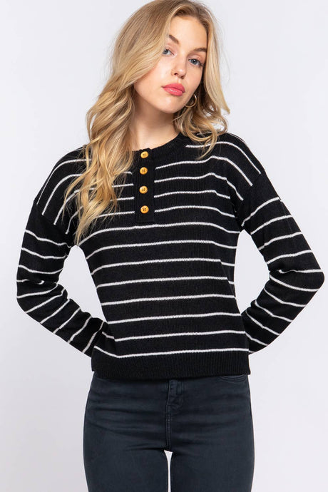 Black Ivory Long Sleeve with Buttoned Placket Stripe Sweater