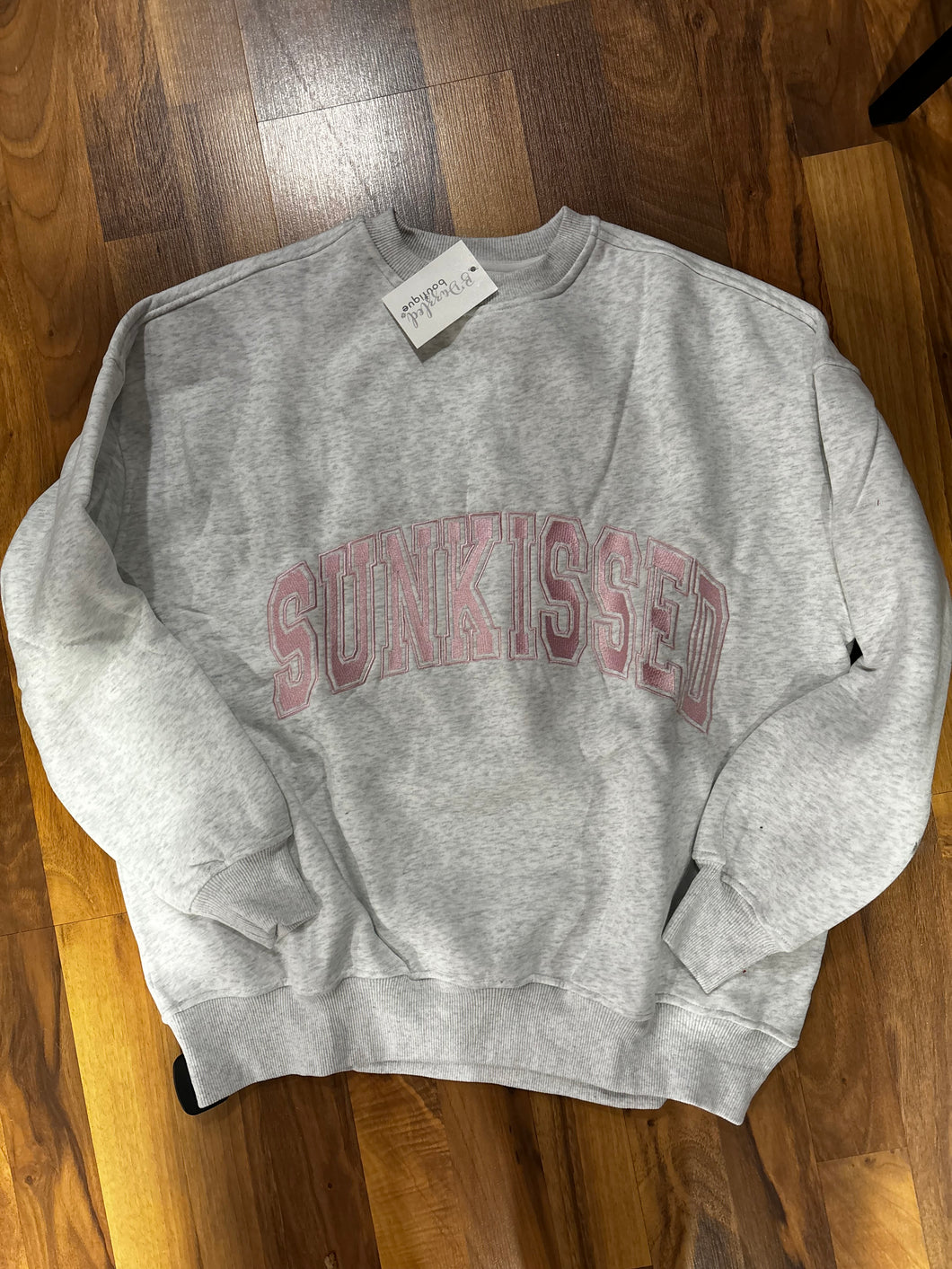 Pearl Grey and Pink Thread Sunkissedcoconut Logo Embroider Crewneck