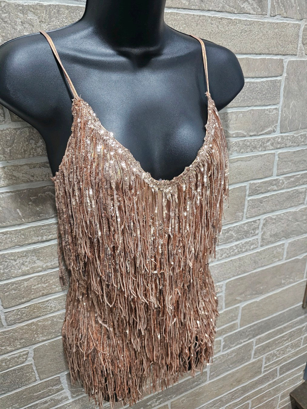 Champagne V Shaped Sequin Fringe Romper 3/7/24 8177