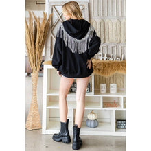 Silver Sequin Fringed Detail Hooded Jacket: Black