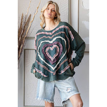 Washed Heart Patchwork Detail Pullover Knit Top: Green