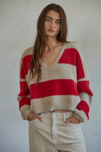 Knit Sweater Nylon Polyester Striped V-Neck Pullover: Red Taupe